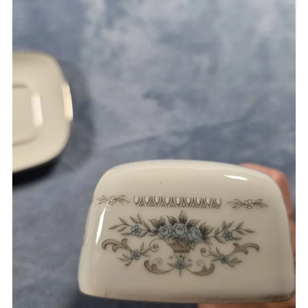 Vintage Diane Japan Fine Porcelain Covered Butter Dish Blue Floral Silver Trim